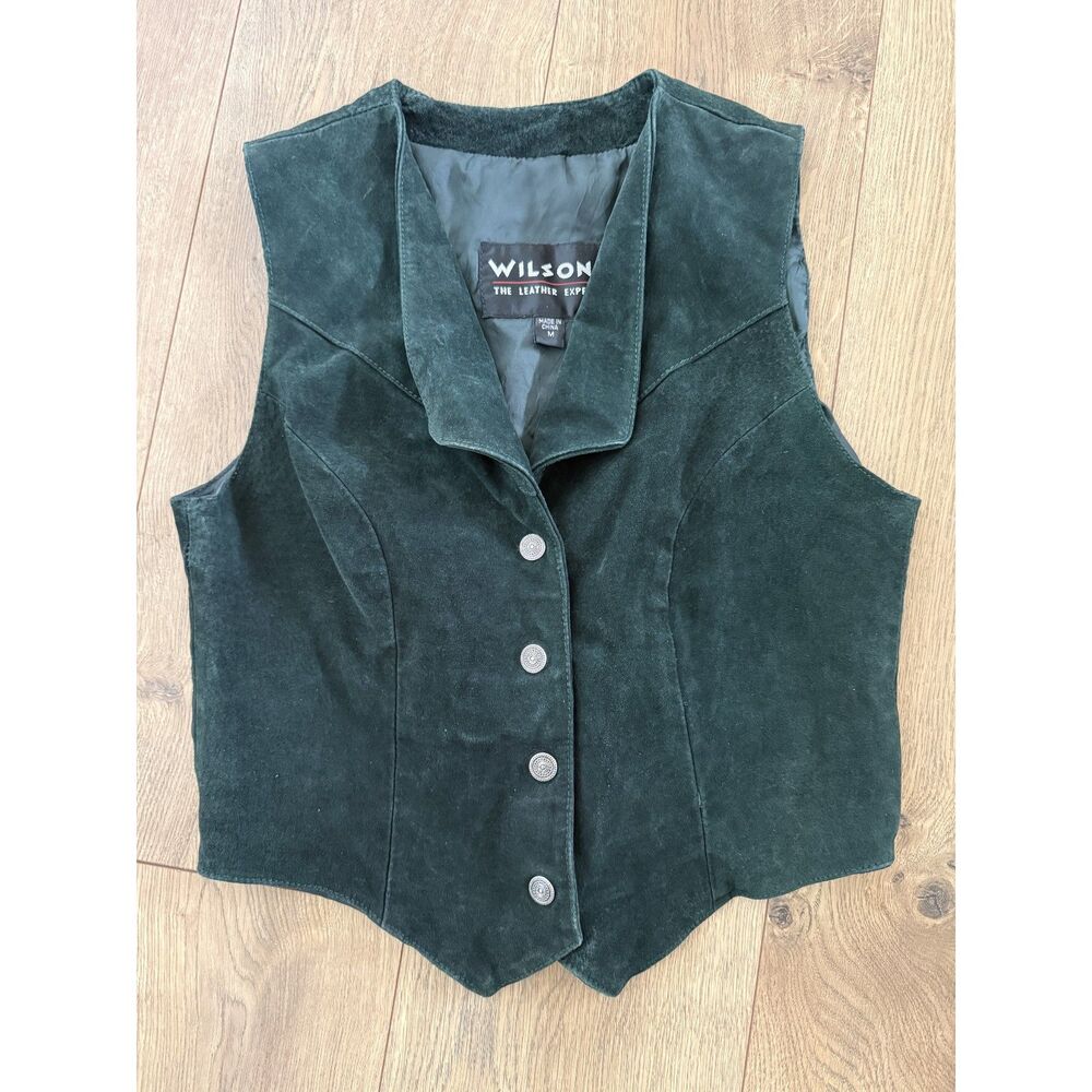WILSON LEATHER M VTG Green Western Cowboy Leather Snap Vest Festival Rodeo